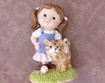 Tender Times Little Girl with Cat Figurine. Vintage Collectible, Girl's room decor, Pet love.