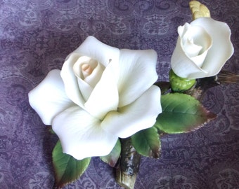 Porcelain Double White Rose Figurine by Paul Sebastian 1989. Vintage Collectible 5" Tall, Home Office Decor. Gift for Her.