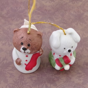 Vintage Jasco Christmas Bell Ornaments: Ceramic Bear & Dog Set