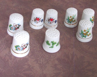 8 Porcelain Thimbles set , Sewing Fingertip Protector, Antique floral thimbles, Collectibles, Gift for her.