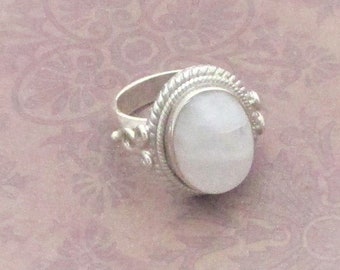 Moonstone Ring size 6.5, Gorgeous cabochon ring, June birthstone, Genuine Rainbow Moonstone, 925 sterling silver.  Gift for her.