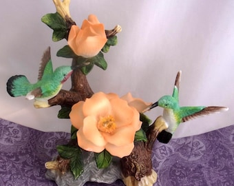 Hummingbirds on Orange Roses: 4" T- Fine Porcelain figurine Artist YH 2000- Like new