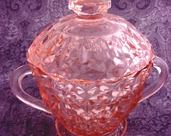 Pink Jeanette Glass Sugar Bowl: 5.25" T Fairy Lamp Cottagecore Glow- Vintage like new.