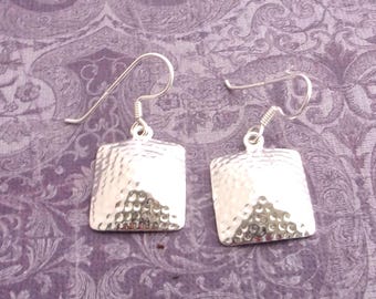 Hammered Sterling Silver Square Earrings: Drops 1.50"T - Artisan Crafted