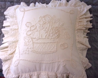 Vintage Candlewick Embroidery Pillow Cover,  with  Lace Ruffle color Cream , Cushion Cover for 16" insert, Farmhouse.