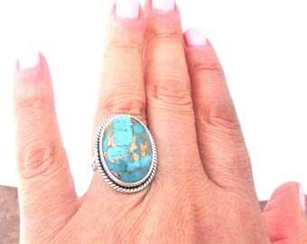 Blue Fire Copper Turquoise Rings: Handcrafted 925 Sterling- Natural Gems- 1" L Diva Style.
