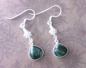 Seraphinite & Silver long Earrings, Beautiful Genuine Gems deep forest green with silvery tones , 925 sterling silver. Gift for Her.