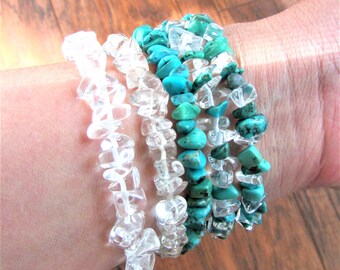 Gemstone Chip Stretch Bracelets: Turquoise & Crystal Quartz, Set of 5