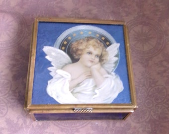 Enesco Cobalt Blue Glass/Brass Angel Trinket jewelry Box, Vintage artwork 1993. Gift for her.