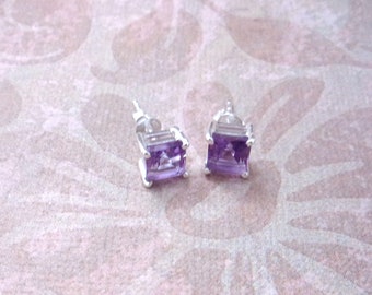 Amethyst Square Stud Earrings, Beautiful handcrafted, Genuine Amethyst and Solid sterling silver 1/4", Gift for Her.