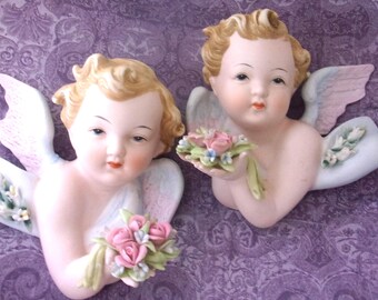 Vintage Bisque Porcelain Wall Hanging Angel Set: 2 Lefton Cherub 5" T  with pink roses bouquets.