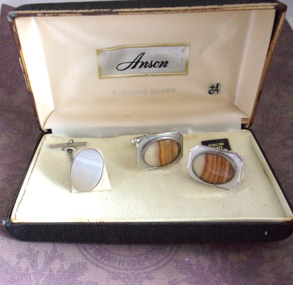 Boutons De Manchette Vintage ANSON - Argent Sterling (.925) Et Pierre Blanche - Occasion Très Bon état