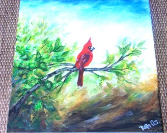 Red Cardinal Original Painting, 12x12 Acrylic on Canvas