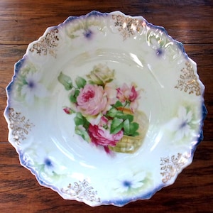 Vintage German Porcelain Bowl with Pink Roses in Center, Beautiful Blue-Purple & Gold Tones 9&quot; Diameter. Home Decor, Gift for