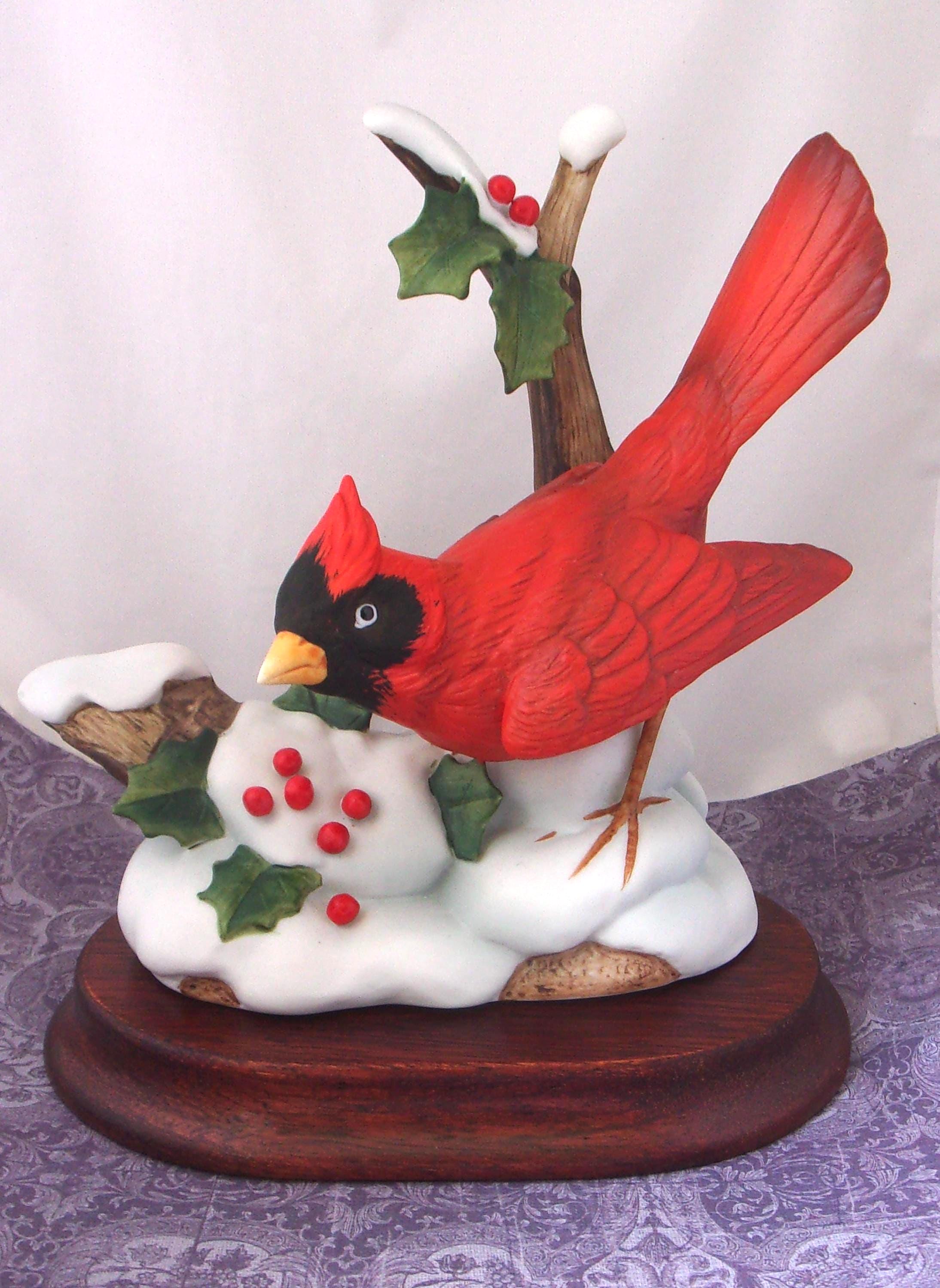 Cardinal on Snow Figurine: Porcelain Bird on Wood Base 7