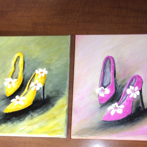 Stiletto heeled Shoes original Art, Magenta, Yellow and Floral Shoe Paintings, Ladies room decor, Home Closet decor. Gift for her.