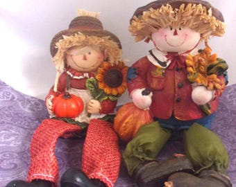 Scarecrow Shelf-sitter Figurine Set 2: Dangling Fabric Legs, Pumpkin and Miniature Sunflowers.