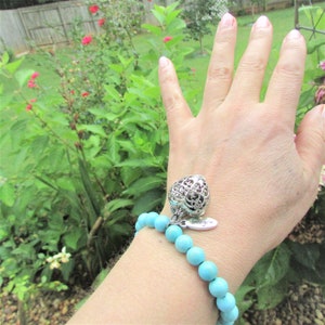 Turquoise Howlite Stretch Bracelet: Nickel-Free Heart Locket, Lava Stone Aroma Diffuser