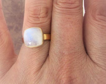 Moonstone and Gold Vermeil Rings: Natural Gem -14k Gold- Adjustable- Open on back.