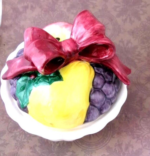 Vintage Fitz and Floyd Porcelain Trinket Bowl: Holiday Fruit Jar