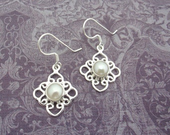 Silver Pearl Flower Earrings, Beautiful drops handcrafted 925 sterling silver & natural Gems light beige tones. Gift for Her