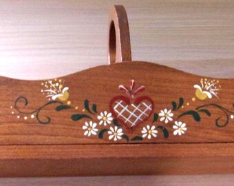 Vintage wooden Organizer: 13" Long - Hand painted Floral & Heart Folk Art Design. Pretty condition