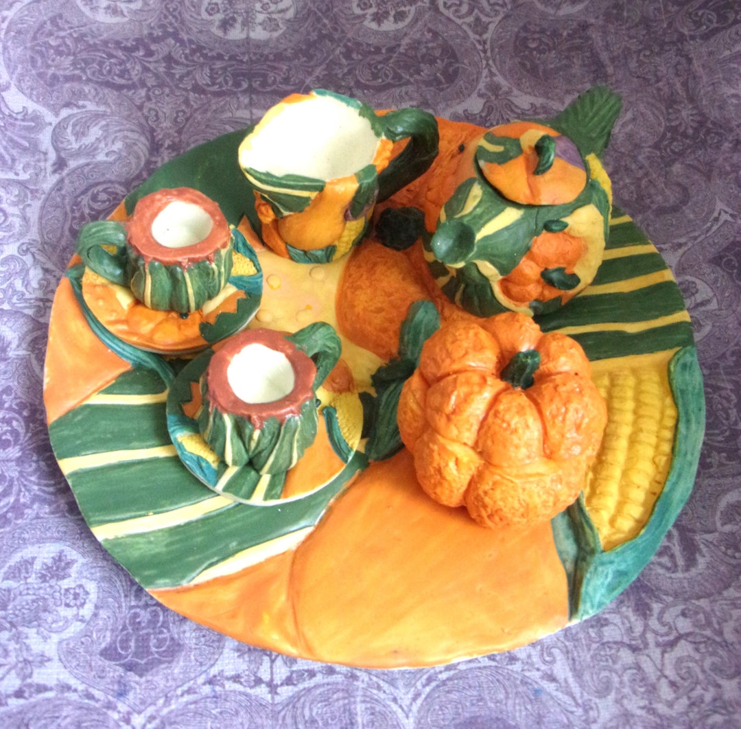 Pumpkin Miniature Tea Set 10pcs, Cornucopia Resin Children Tea Set ...