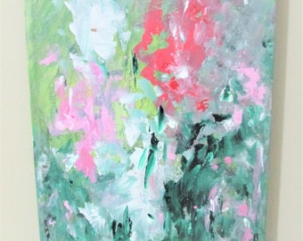 Abstract Wall decor 8x10, Pink and green, Gladiolus flowers abstract, Summer blossom acrylic painting, Home, office décor. Gift for her.