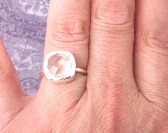 Crystal Quartz Silver Rings: Square Design - 925 Sterling, Genuine Gems.
