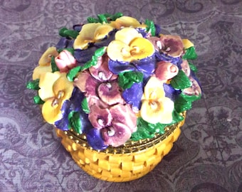 Pansy Basket Shaped Trinket Box: Hand painted Ceramic 2.50" T - Vintage like new.