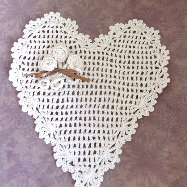 Vintage Crochet Heart Doily, Cotton color Ecru 6 x 61/2 Handmade Doily. Gift for her.