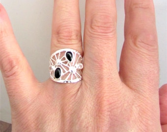Black Onyx & Crystal Filigree Style Rings: Handcrafted Wide Band- Natural Gems- 925 Sterling.
