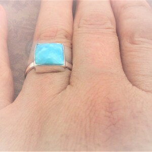 Blue-sky Arizona Turquoise Ring, Square gorgeous design, Genuine Gem, Solid 925 sterling silver. Gift for her 8 US