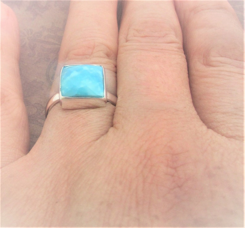 Blue-sky Arizona Turquoise Ring, Square gorgeous design, Genuine Gem, Solid 925 sterling silver. Gift for her 8 US