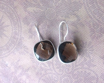 Smoky Quartz Hook Earrings, Square Earrings, Natural Smokey Quartz & Sterling Silver, Gift for Her.