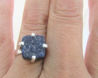 Blue Drusy Ring size 7, Rustic Lapiz Drusy, Rough gemstone, Square ring, sterling silver, Gift for her.