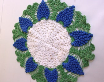 Vintage Hand Crocheted 1950' Grape Dolly 12"Diameter, Blue Grapes Doily, Table decor- Collectible, Mother's day Gift, Gift for Her.