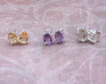 Silver and Gems Stud Earrings, Citrine-Amethyst-Yellow Quartz Studs .25", Natural Gems & Solid sterling silver. Gift for her.