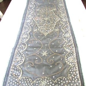 Beaded and Padded Table Runner: 16x45 Soft Grey & Silver Color.