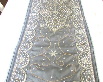 Beaded-Padded Table Runner 16x45, Color Soft Grey & Silver, Gorgeous handmade runner, Heavyweight stay in place, Gift for her.