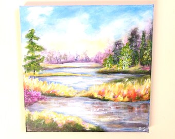 夏の湖の風景画：オリジナルアクリル画（10×10インチ） - Etsy 日本