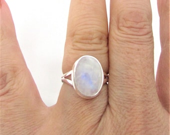 Moonstone Sterling Silver Rings: Handcrafted Oval Cabochon- Natural Gems- June Birthstone.