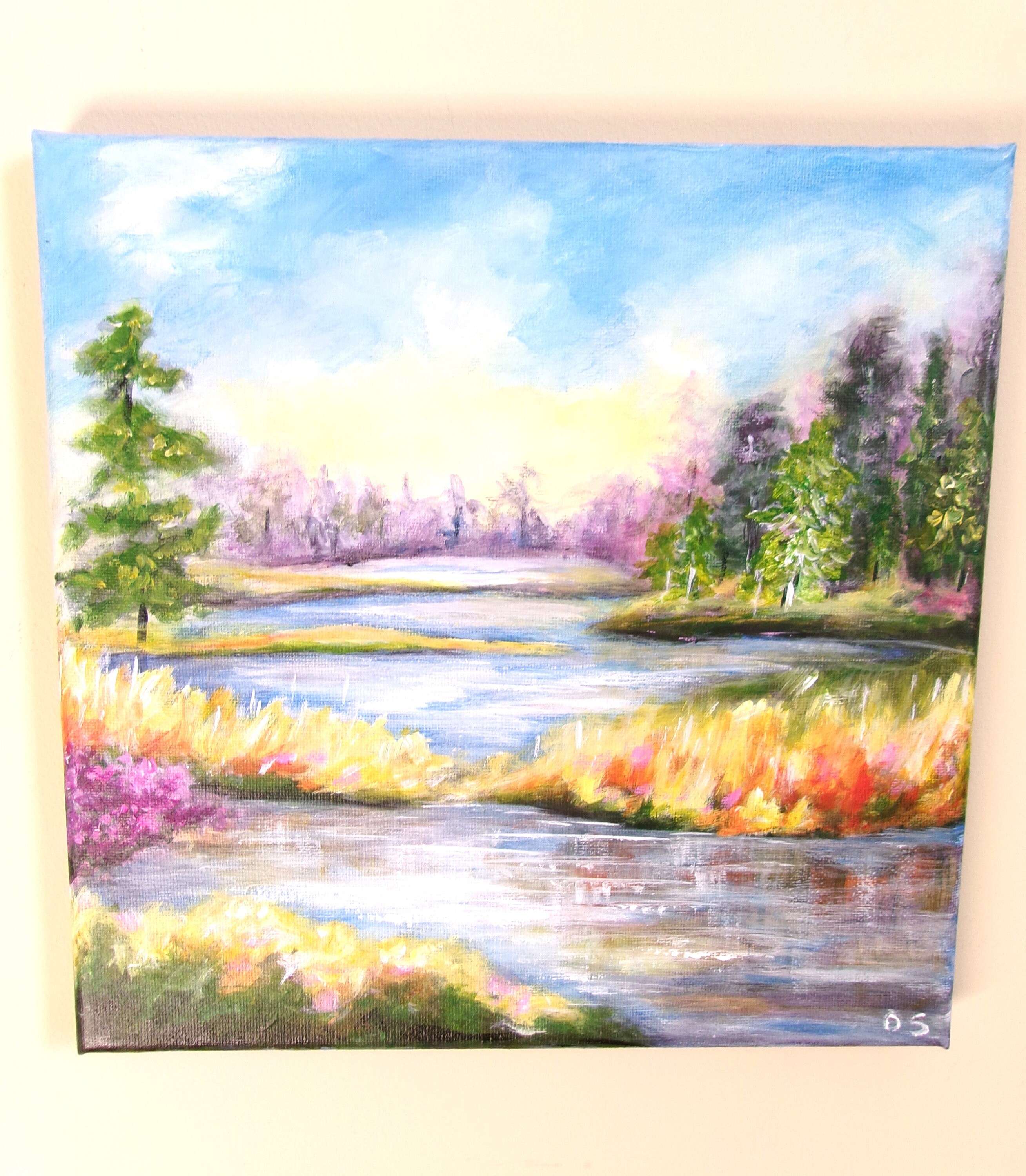 夏の湖の風景画：オリジナルアクリル画（10×10インチ） - Etsy 日本