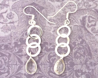 Sterling Silver Dangle Earrings with Crystal Quartz Teardrop: Handcrafted 2" L- Natural Gems.