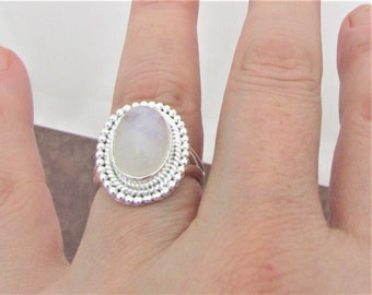 Rainbow Moonstone Cabochon Rings: Handcrafted- Natural Gems With rich color, reflections- 925 Sterling Silver