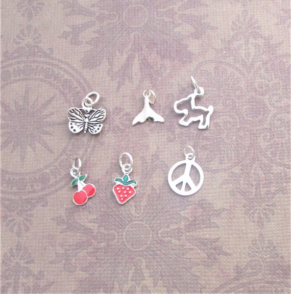 Silver Charms for Bracelets. Cherry, Terrier Dog, Strawberries,  Butterflies, Charms. Sterling Silver Charms. 