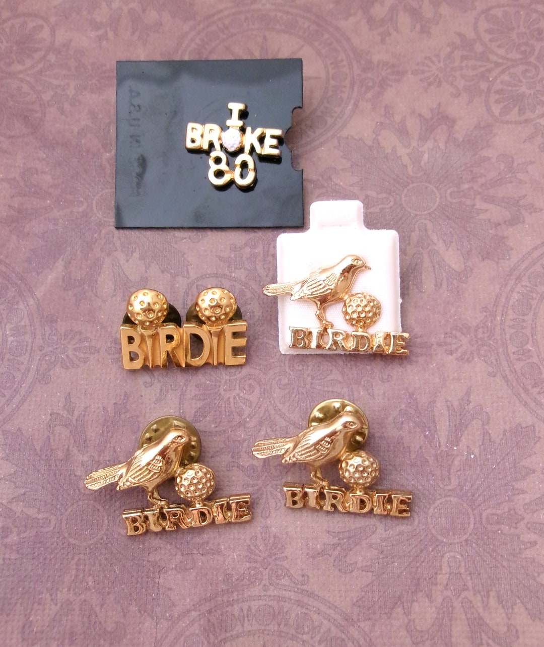 Vintage Birdie Golf Ball and Bird Lapel Pins, Lettered Gold and Bird