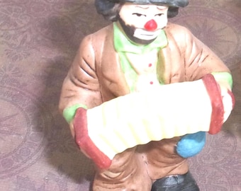 Flambro Emmett Kelly Jr. Porcelain Clown: Figurine playing Accordion- New Vintage 3.25" T