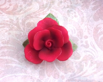 Porcelain Passion Red Rose Figurine, Beautiful Handmade & Hand painted  Rose with tree leaves 3.50in Diameter. Gift for Her.