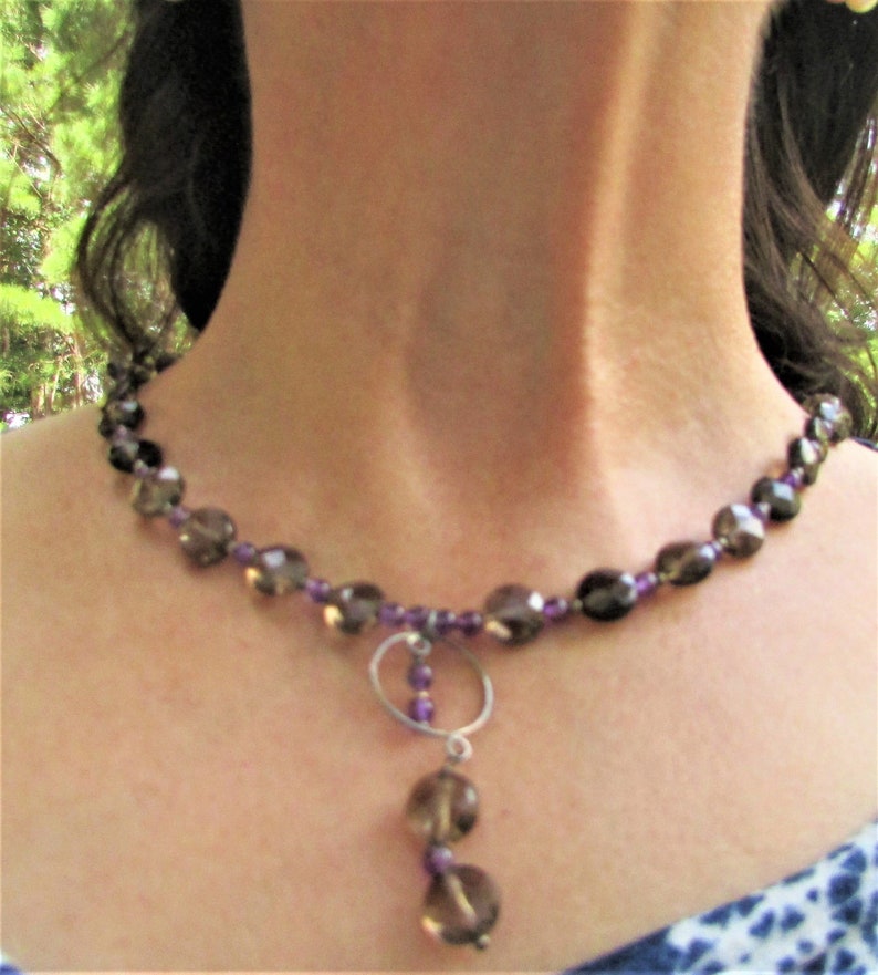 Amethyst beaded necklace. Pretty, flat glass beads. One strand shops necklace. Mom, friends, grandma gift.
